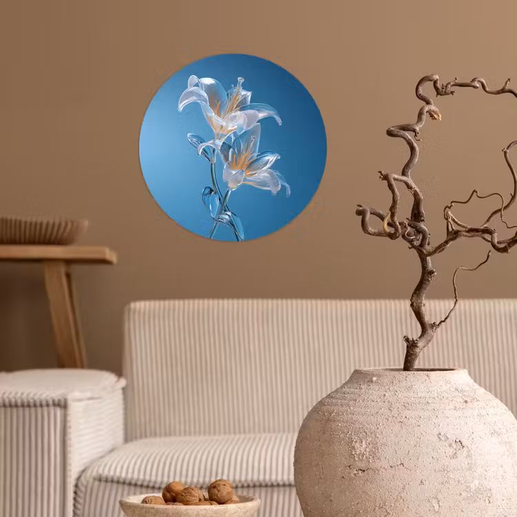 Lelies - Blauw - Glazen Wandcirkel behangsticker klein -sfeer1
