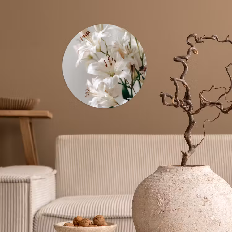 Lelies - Boekte - Wit - Meeldraden Wandcirkel behangsticker klein -sfeer1