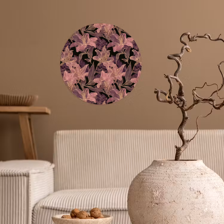 Lelies - Patroon - Paars - Goud Wandcirkel behangsticker klein 186 -sfeer1