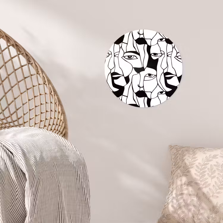 Lijnen - Gezichten - Zwart - Wit Wandcirkel behangsticker klein 186 -sfeer4