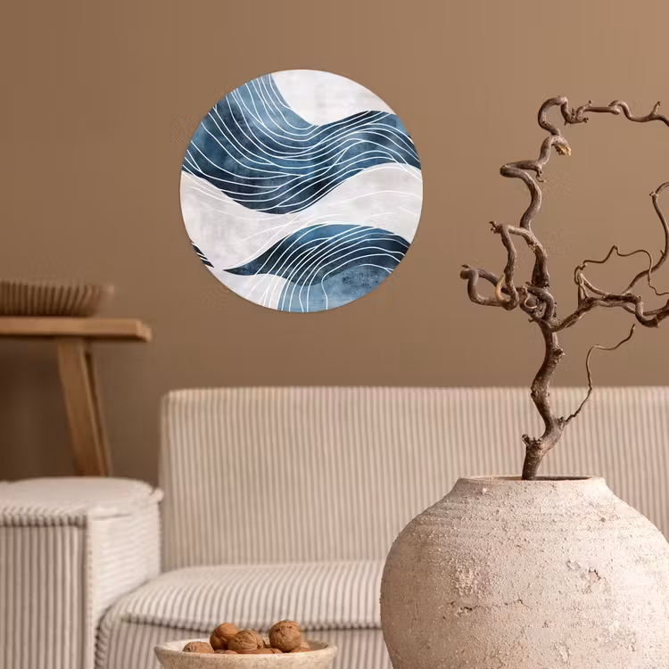 Lijnen - Golven - Abstract - Blauw Wandcirkel behangsticker klein -sfeer1