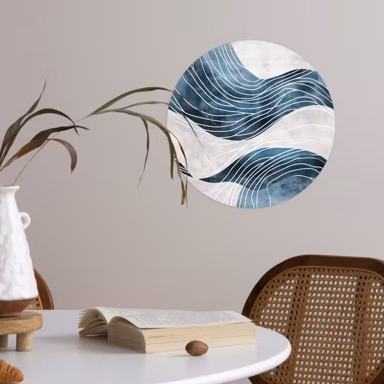 Lijnen - Golven - Abstract - Blauw Wandcirkel behangsticker klein -sfeer3