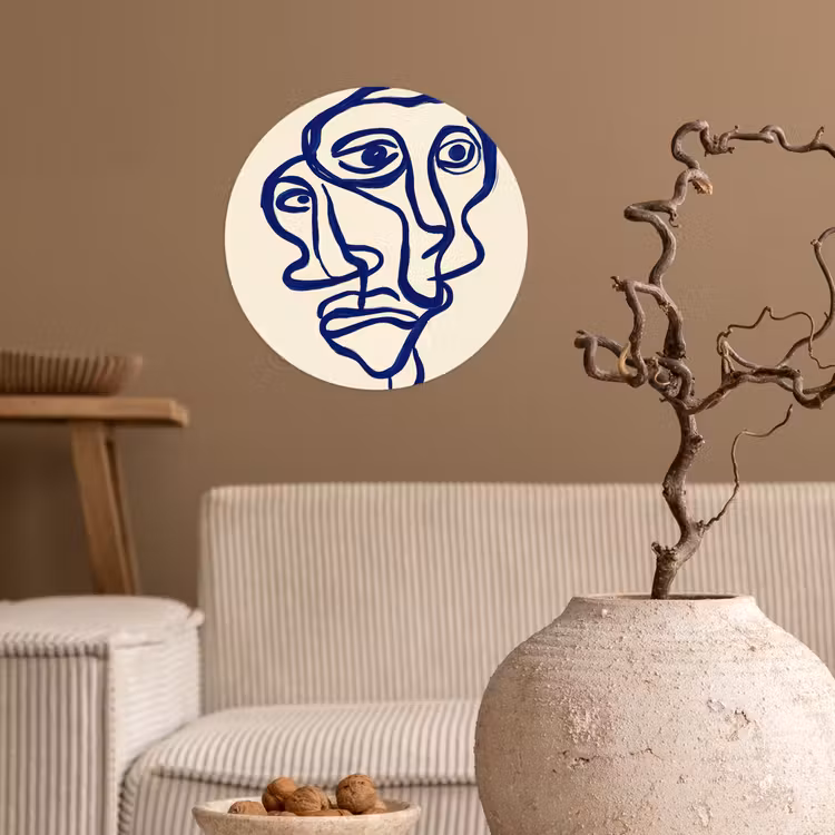 Lijntekening - Overlappende gezichten - Donkerblauw Wandcirkel behangsticker klein -sfeer1
