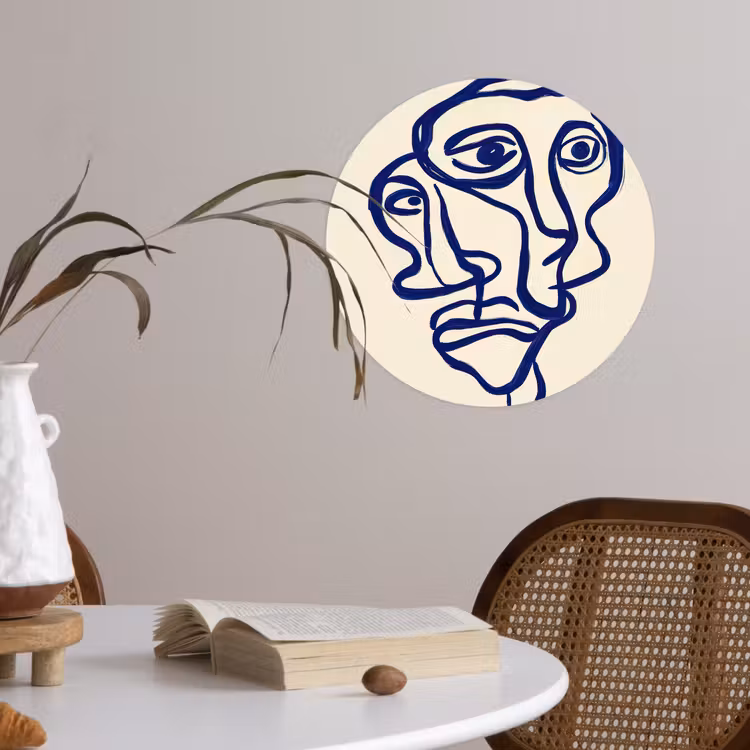 Lijntekening - Overlappende gezichten - Donkerblauw Wandcirkel behangsticker klein -sfeer3