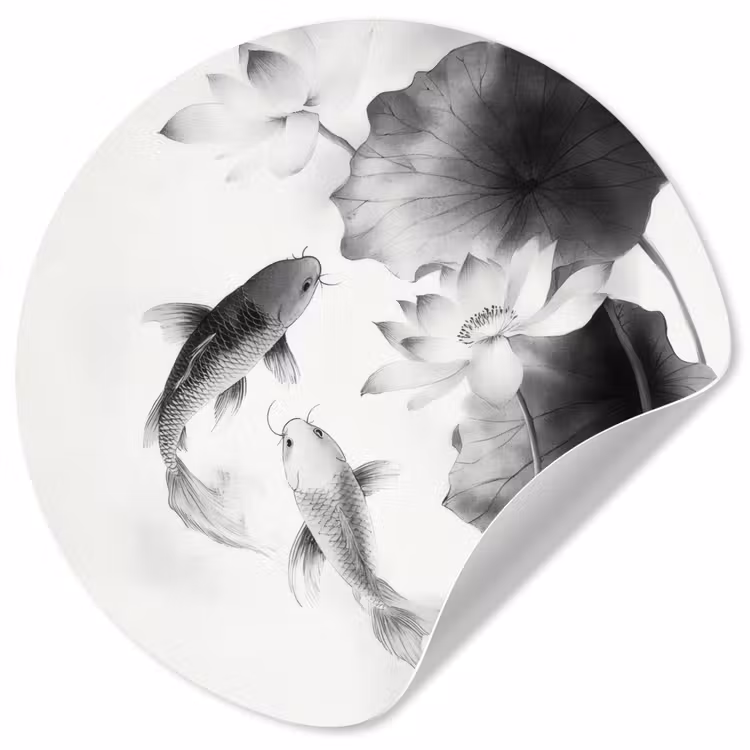 Lotusbloemen - Vissen - Bladeren - Zwart Wandcirkel behangsticker klein -3d