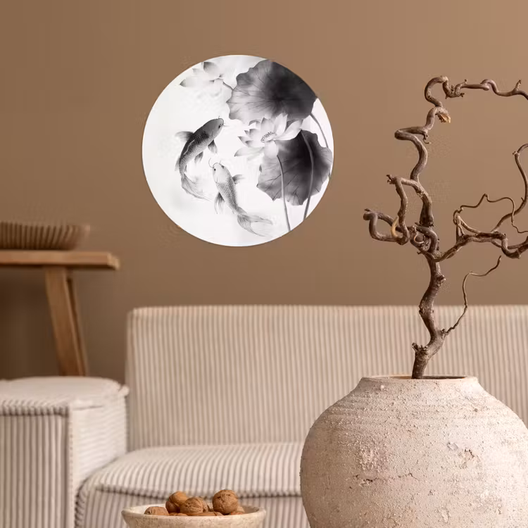 Lotusbloemen - Vissen - Bladeren - Zwart Wandcirkel behangsticker klein -sfeer1