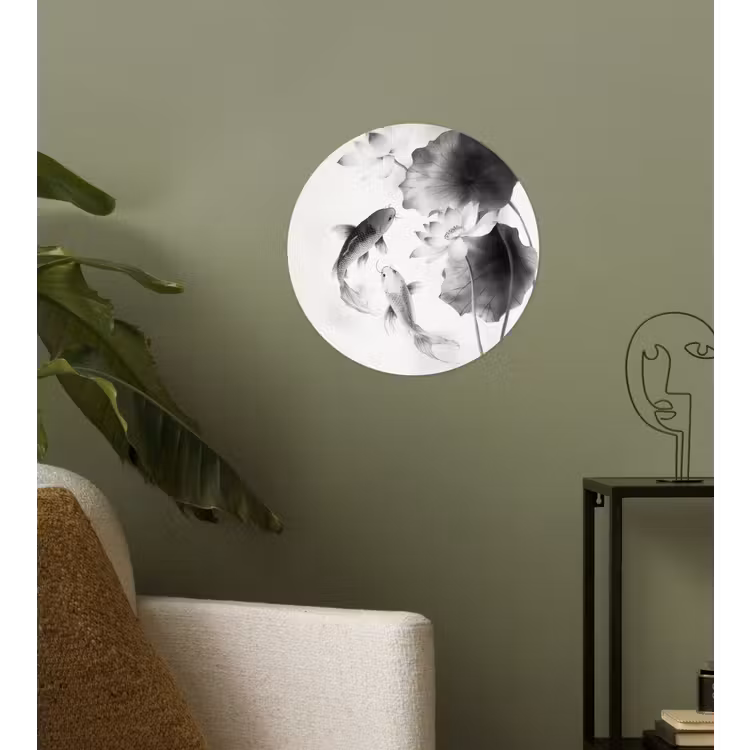 Lotusbloemen - Vissen - Bladeren - Zwart Wandcirkel behangsticker klein -sfeer2