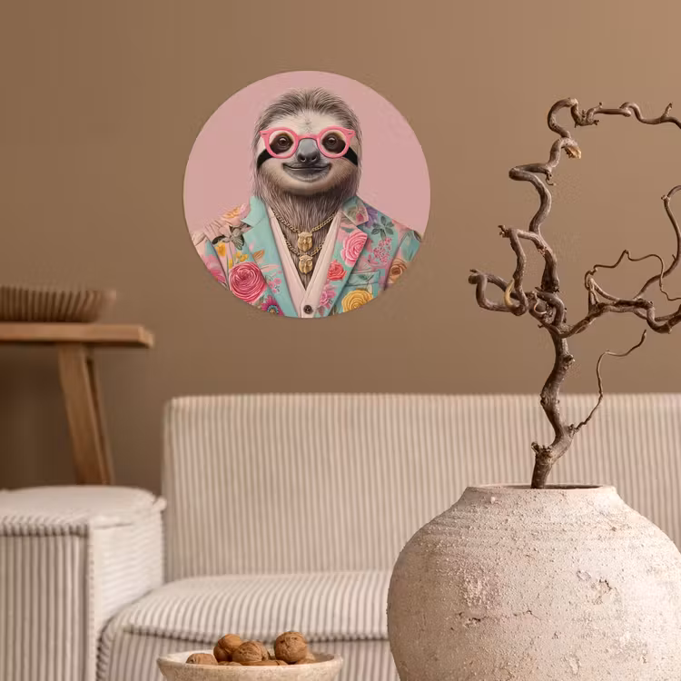 Luiaard - Bloemenprint - Bril - Roze Wandcirkel behangsticker klein -sfeer1
