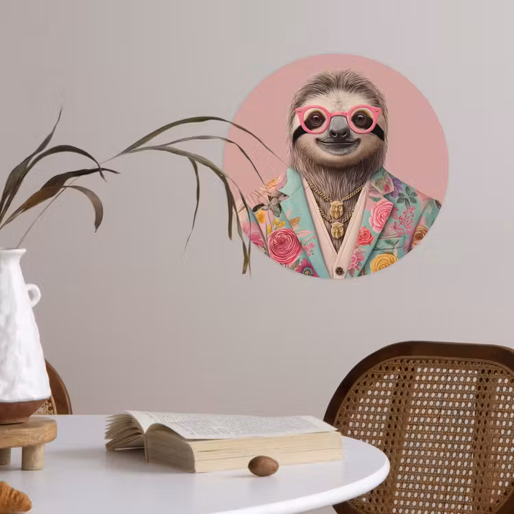Luiaard - Bloemenprint - Bril - Roze Wandcirkel behangsticker klein -sfeer3