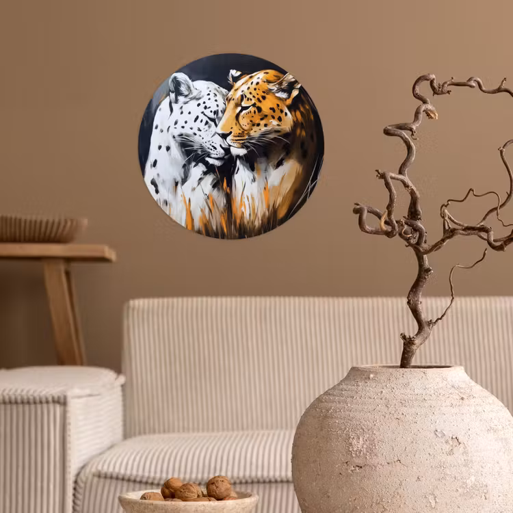Luipaard - Oranje - Wit - Gras Wandcirkel behangsticker klein -sfeer1