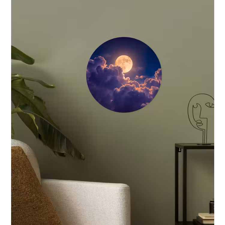 Maan - Wolken - Nacht - Oranje Wandcirkel behangsticker klein -sfeer2
