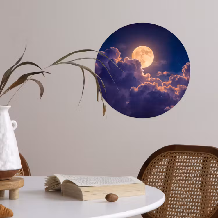 Maan - Wolken - Nacht - Oranje Wandcirkel behangsticker klein -sfeer3