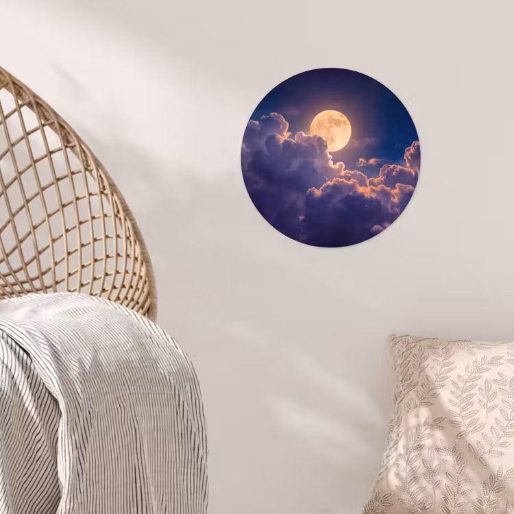 Maan - Wolken - Nacht - Oranje Wandcirkel behangsticker klein -sfeer4