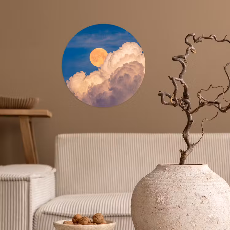 Maan - Wolken - Natuur - Oranje Wandcirkel behangsticker klein -sfeer1