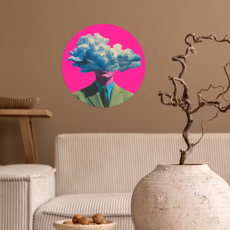 Man - Pak - Wolk - Roze Wandcirkel behangsticker klein -sfeer1