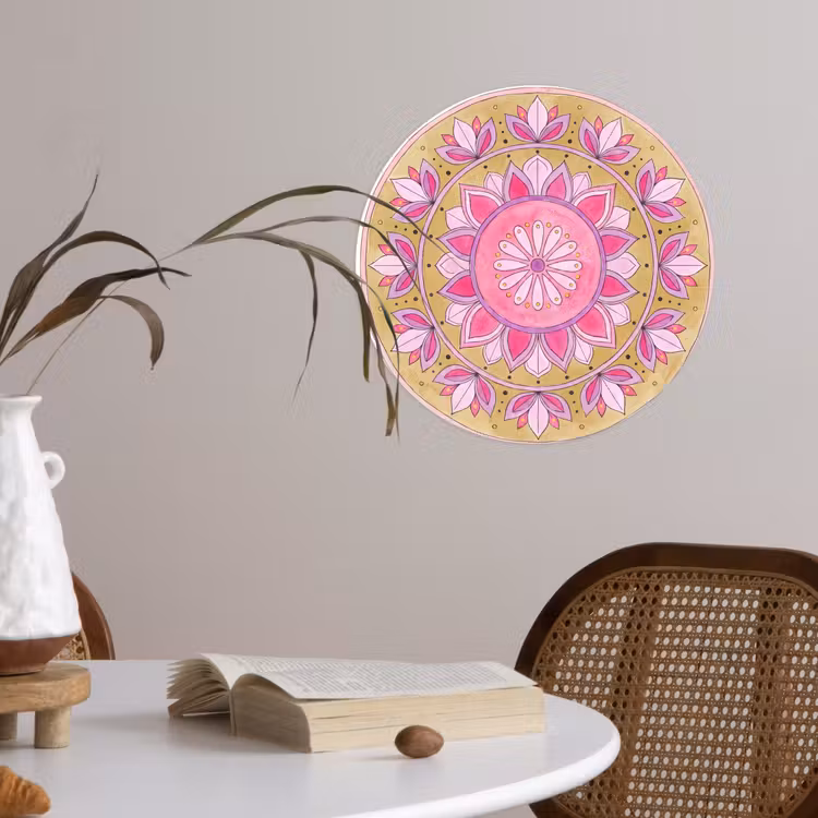 Mandala - Patroon - Kunst - Aquarel - Roze Wandcirkel behangsticker klein -sfeer3