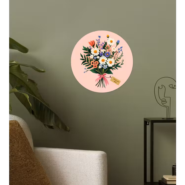 Margrieten - Boeket - Strikje - Roze Wandcirkel behangsticker klein -sfeer2