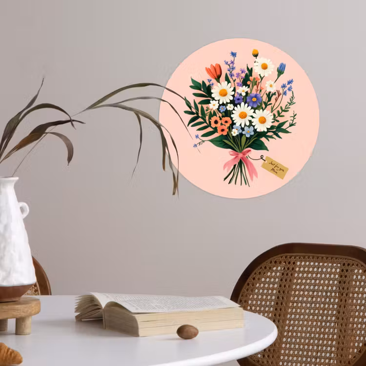 Margrieten - Boeket - Strikje - Roze Wandcirkel behangsticker klein -sfeer3