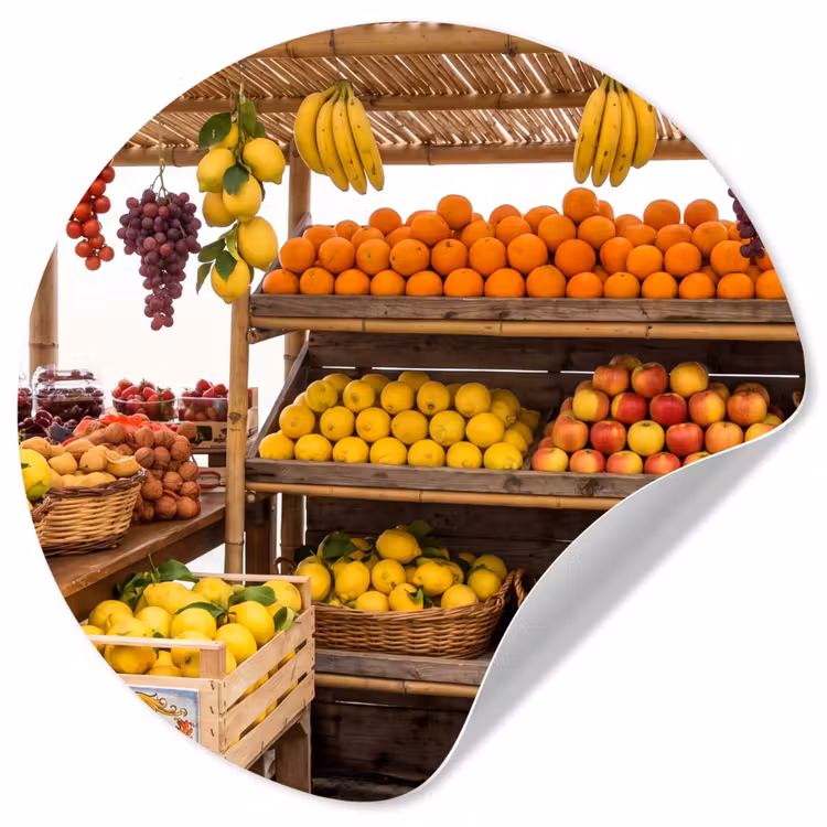 Behangcirkel - Marktkraam - Fruit - Vers - Marktkraam - Fruit - Vers Wandcirkel behangsticker klein