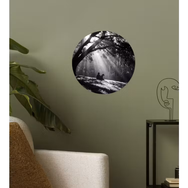 Mens - Hond - Natuur - Zwart-wit - Silhouet Wandcirkel behangsticker klein -sfeer2