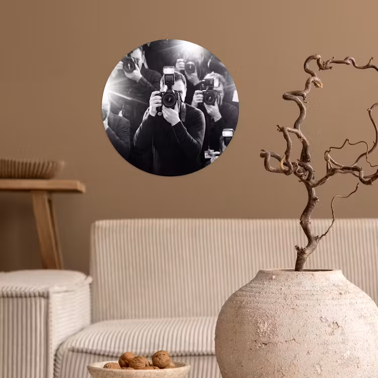 Mensen - Camera - Flitslicht - Zwart-wit - Media Wandcirkel behangsticker klein -sfeer1