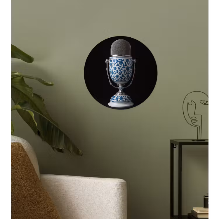 Microfoon - Delfts blauw - Muziek Wandcirkel behangsticker klein -sfeer2
