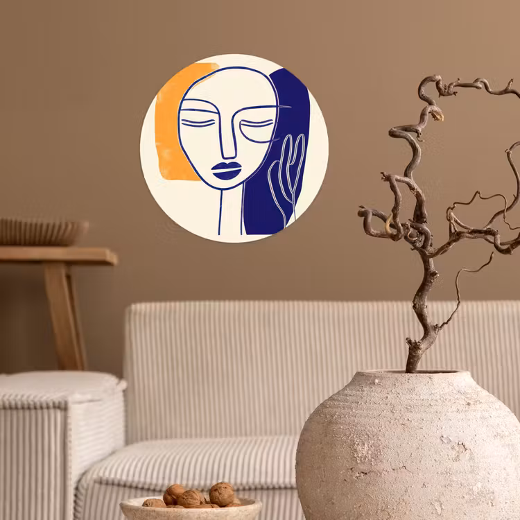 Minimalistisch - Gezicht - Hand - Oranje - Blauw Wandcirkel behangsticker klein -sfeer1