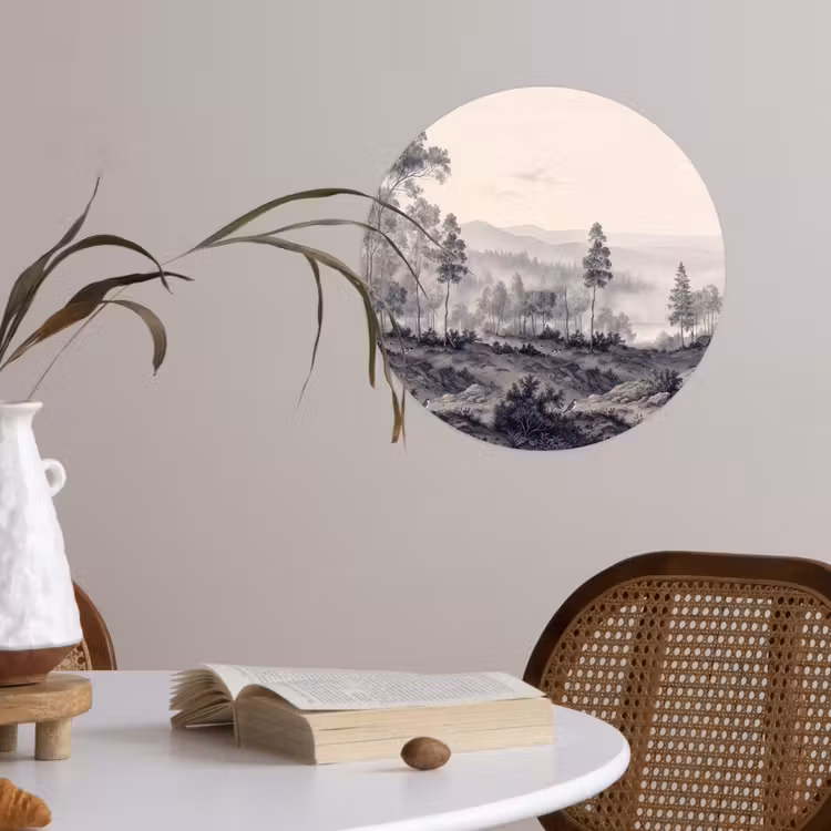 Mistig - Berglandschap - Illustratie Wandcirkel behangsticker klein -sfeer3