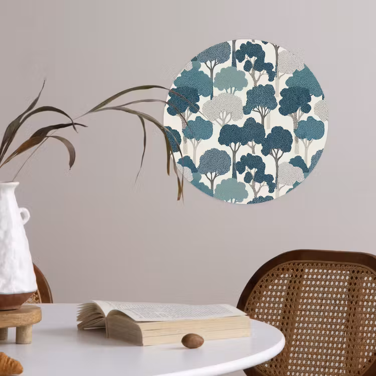 Modern - Bomen - Bos - Patroon - Blauw Wandcirkel behangsticker klein 186 -sfeer3