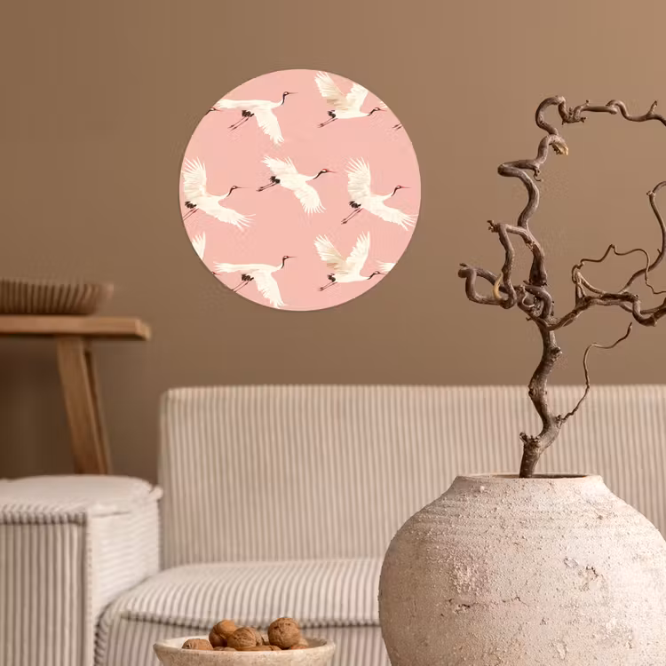 Modern - Kraanvogels - Roze Wandcirkel behangsticker klein 186 -sfeer1