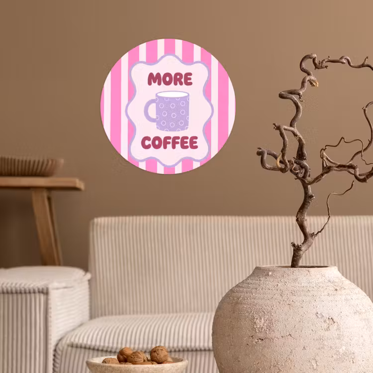 More coffee - Roze - Paars - Strepen - Mok Wandcirkel behangsticker klein -sfeer1