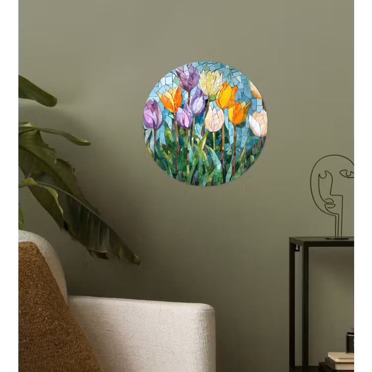 Mozaïek - Veld - Tulpen - Kleurrijk Wandcirkel behangsticker klein -sfeer2