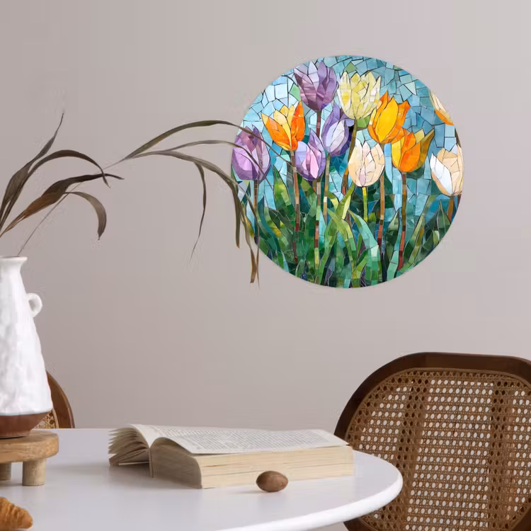 Mozaïek - Veld - Tulpen - Kleurrijk Wandcirkel behangsticker klein -sfeer3