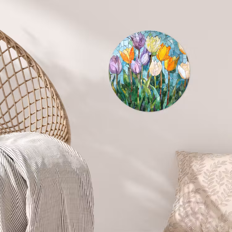 Mozaïek - Veld - Tulpen - Kleurrijk Wandcirkel behangsticker klein -sfeer4