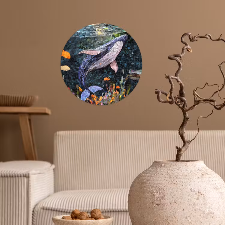 Mozaïek - Walvis - Koraal - Water Wandcirkel behangsticker klein -sfeer1