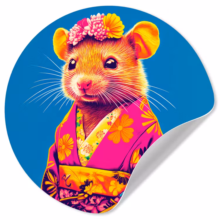 Muis - Kimono - Bloemen - Blauw Wandcirkel behangsticker klein -3d