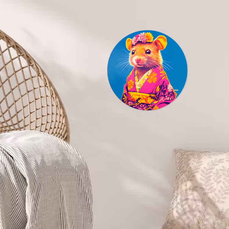 Muis - Kimono - Bloemen - Blauw Wandcirkel behangsticker klein -sfeer4