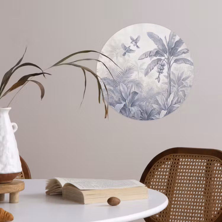 Natuur - Vogel - Jungle - Illustratie - Blauw Wandcirkel behangsticker klein -sfeer3