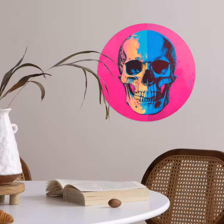 Neon - Blauw - Pop-art - Schedel Wandcirkel behangsticker klein -sfeer3