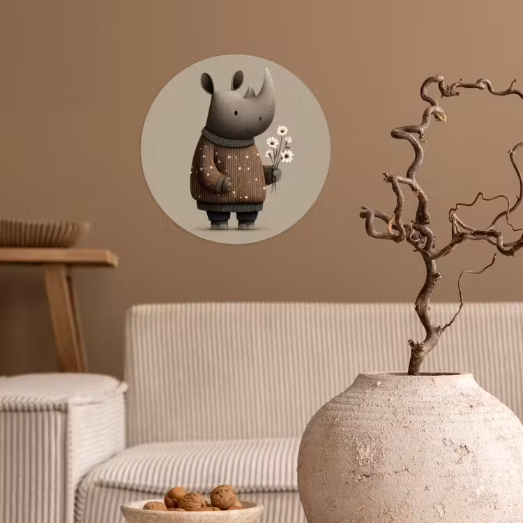 Neushoorn - Witte bloemen - Lief Wandcirkel behangsticker klein -sfeer1