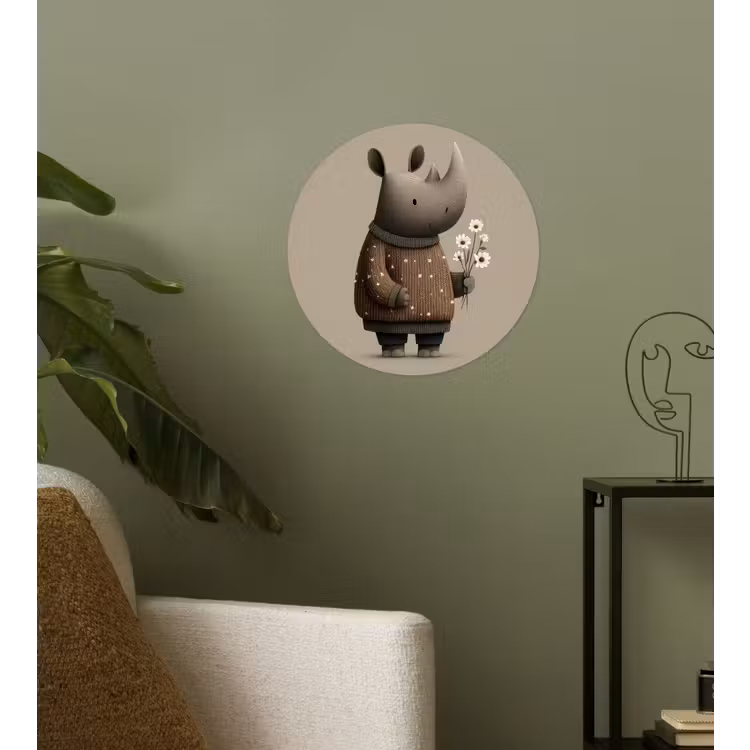 Neushoorn - Witte bloemen - Lief Wandcirkel behangsticker klein -sfeer2