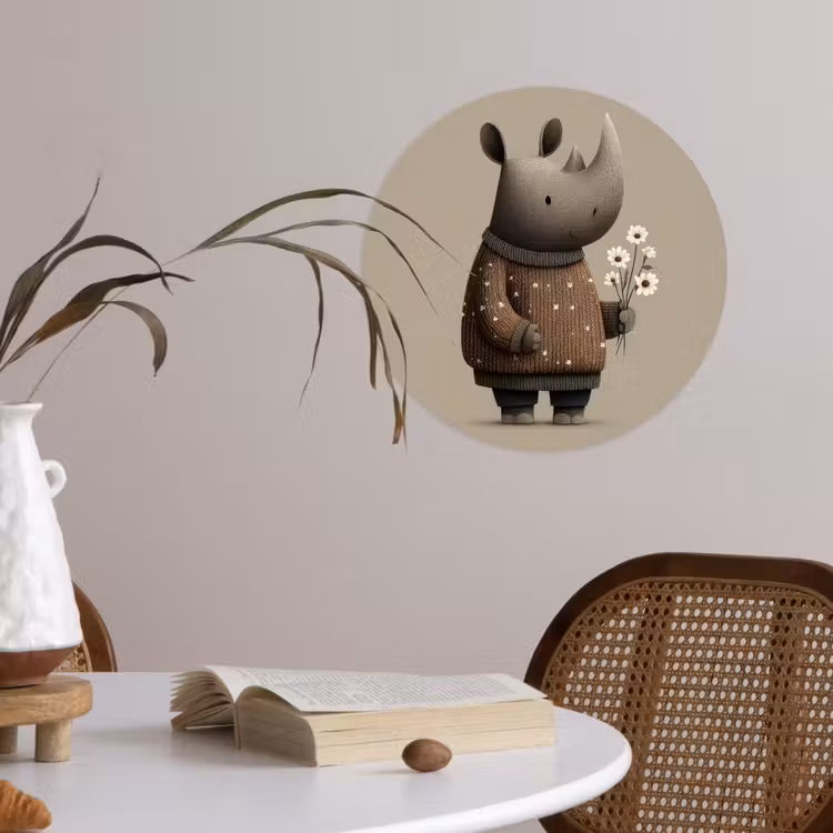 Neushoorn - Witte bloemen - Lief Wandcirkel behangsticker klein -sfeer3