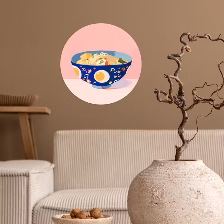 Noodles - Kom - Blauw - Illustratie Wandcirkel behangsticker klein -sfeer1