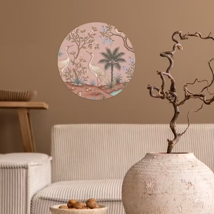 Nostalgisch - Reigers - Roze Wandcirkel behangsticker klein -sfeer1