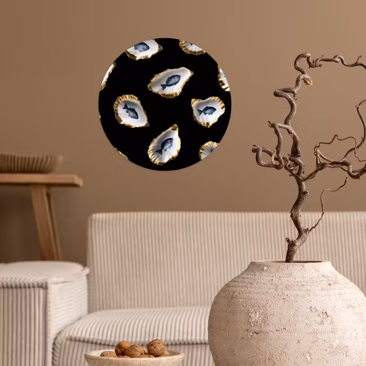 Oesters - Vissen - Blauw - Goud Wandcirkel behangsticker klein -sfeer1