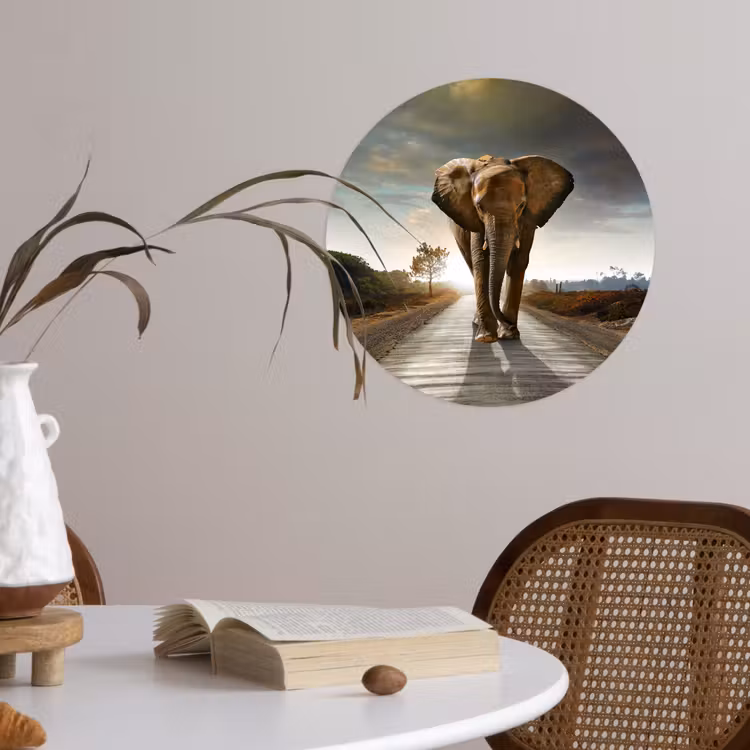 Olifant - Weg - Dieren - Zonsondergang - Landschap Wandcirkel behangsticker klein -sfeer3