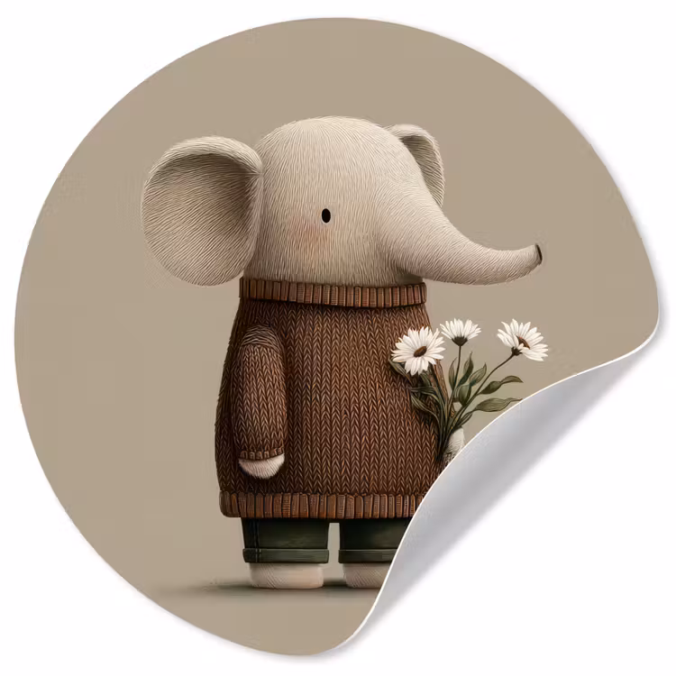 Olifant - Witte bloemen - Kindvriendelijk Wandcirkel behangsticker klein -3d