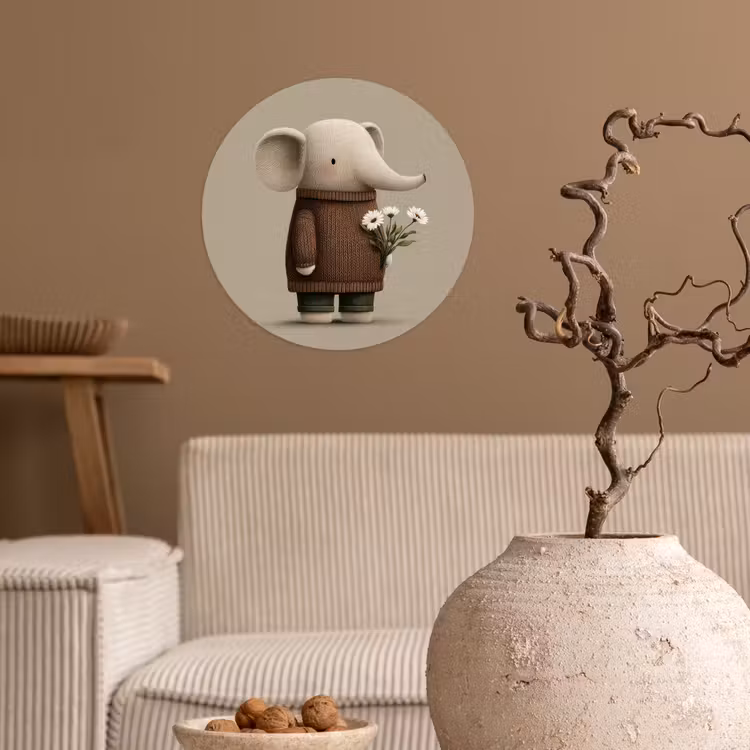 Olifant - Witte bloemen - Kindvriendelijk Wandcirkel behangsticker klein -sfeer1