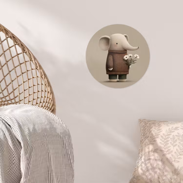 Olifant - Witte bloemen - Kindvriendelijk Wandcirkel behangsticker klein -sfeer4