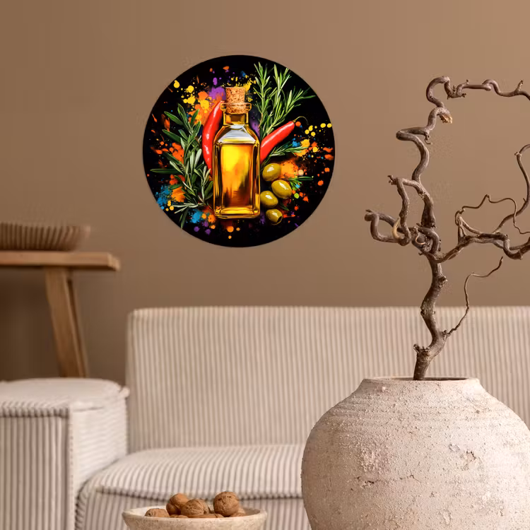 Olijfolie - Graffiti - Peper - Olijven - Modern Wandcirkel behangsticker klein -sfeer1